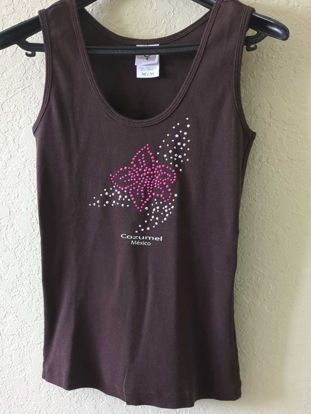 Cozumel Mexico Brown Tank Top with Pink Rhinestone Flower